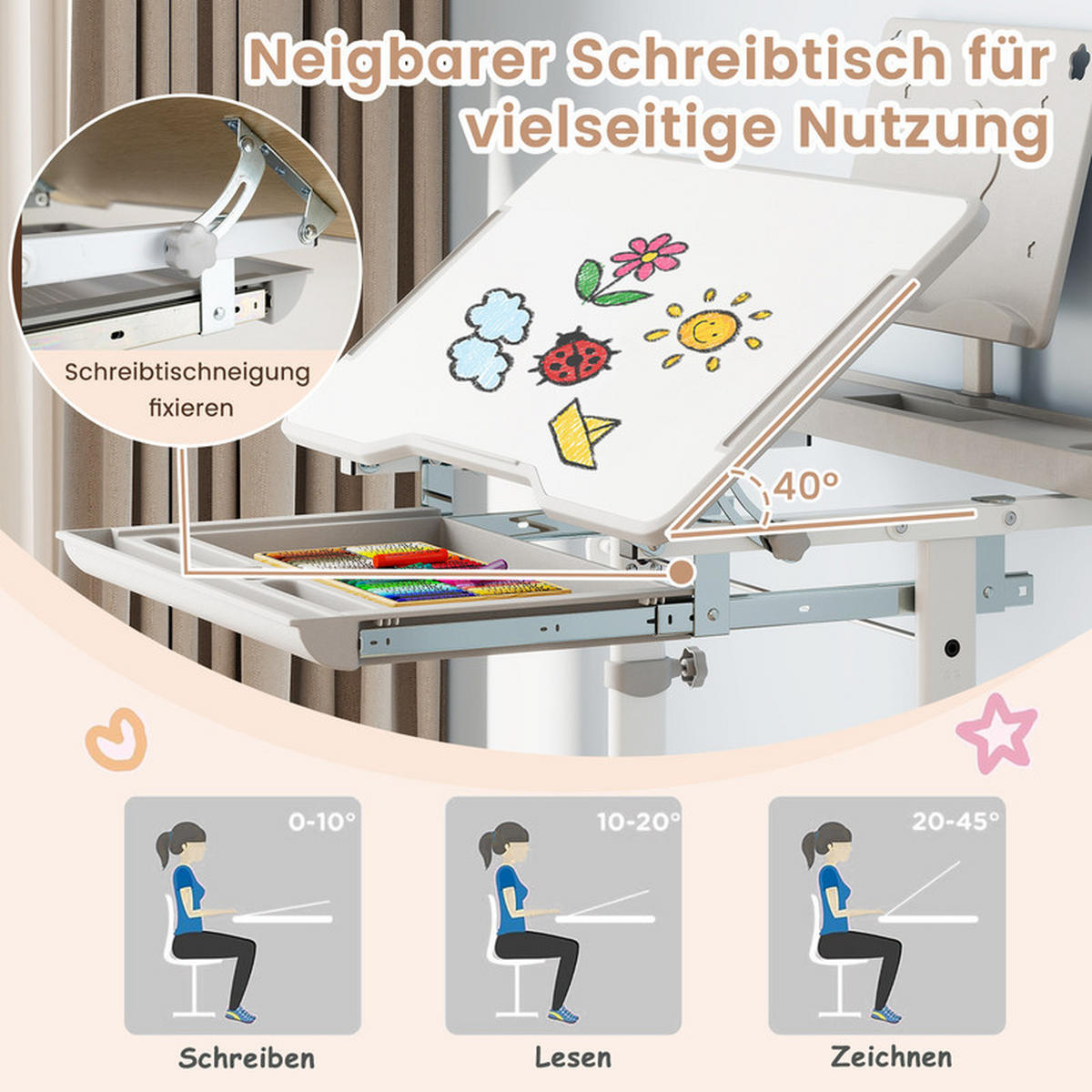 KINDERSCHREIBTISCH mit Stuhl grau(2-tlg) - Grau, Metall (80/83/50cm) - COSTWAY