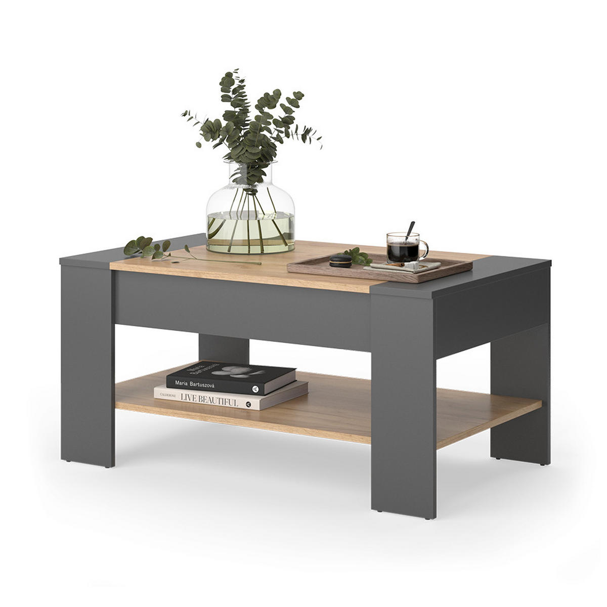 COUCHTISCH August Goldkraft Eiche/Anthrazit 99.6 x 58.8 cm mit Schublade - Anthrazit/Eiche Wotan, Holzwerkstoff (58.8/99.6/48.2cm) - Vicco