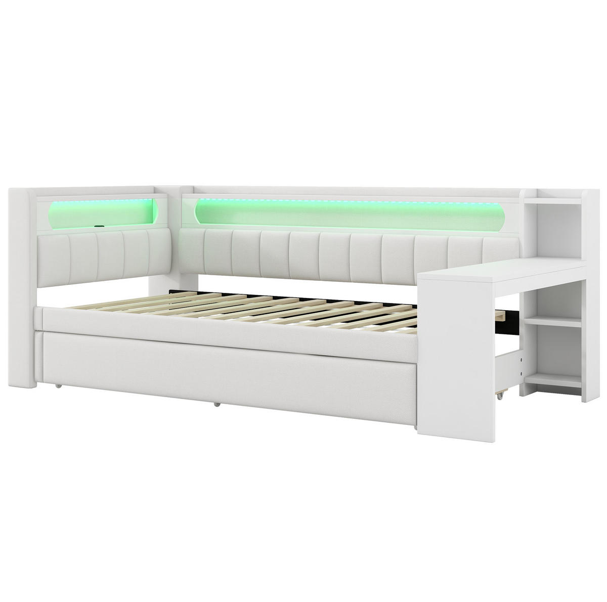 TAPECIRANI dnevni krevet 90/200 cm bijeli od MDF-a i šperploče s LED rasvjetom, USB-om i izvlačnim ležajem - bijela, drvni materijal (90/200cm) - OKWISH