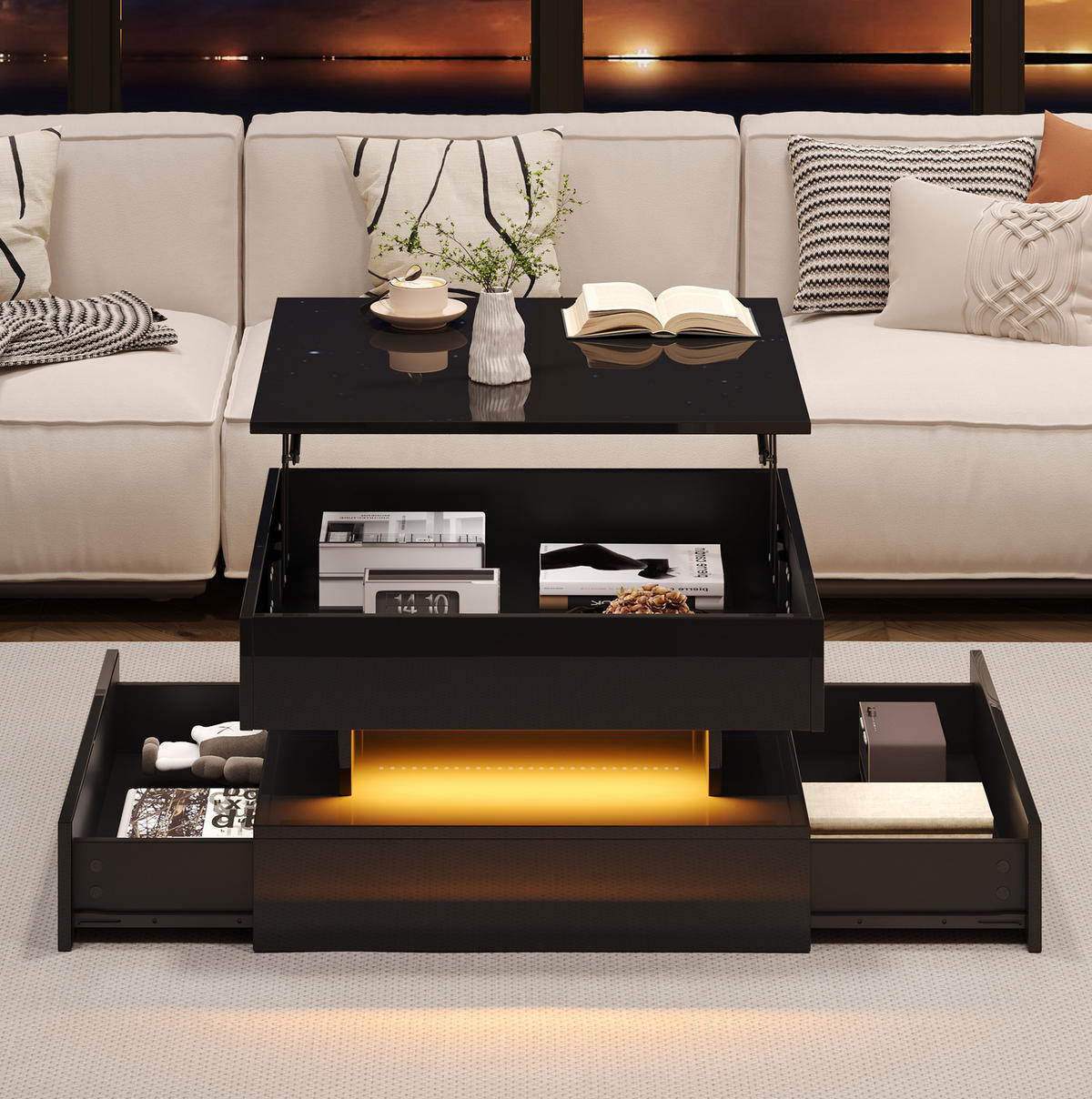 KONFERENČNÍ stolek, 65/65/38,5 cm černý, výklopná deska, 2 zásuvky a LED osvětlení - černá, kompozitní dřevo (65/65/38.5cm) - BEAOK