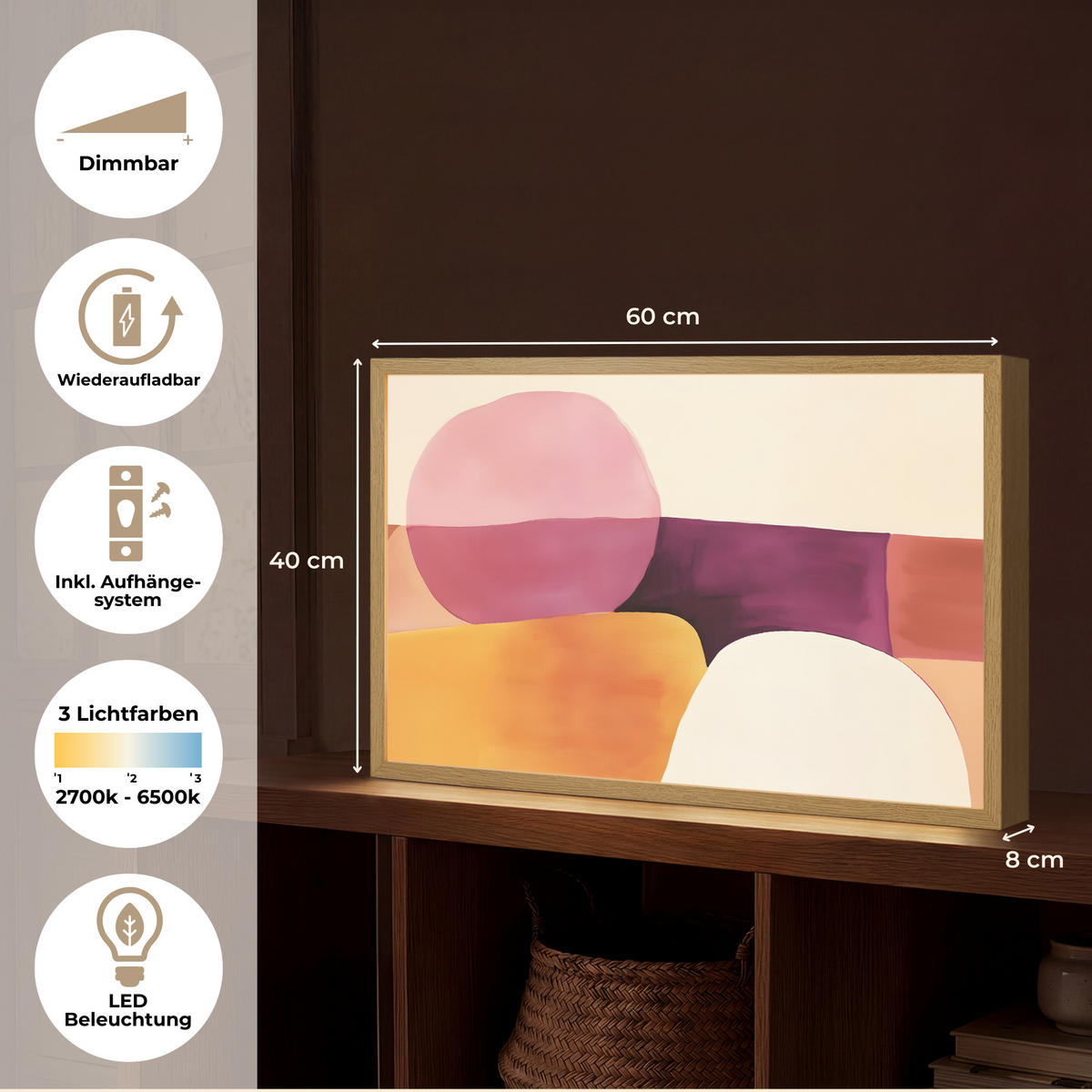 NÁSTĚNNÁ LAMPA S AKUMULÁTOREM Tvary - abstraktní - barevné 60x40 cm - růžová, kompozitní dřevo (60/40/8cm) - OnlyWow
