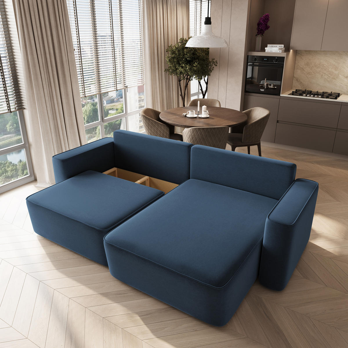 ECKSOFA BELISE CL Blau Veloursstoff mit Schlaffunktion - Blau, Holz/Textil (252/162cm) - MASSENO