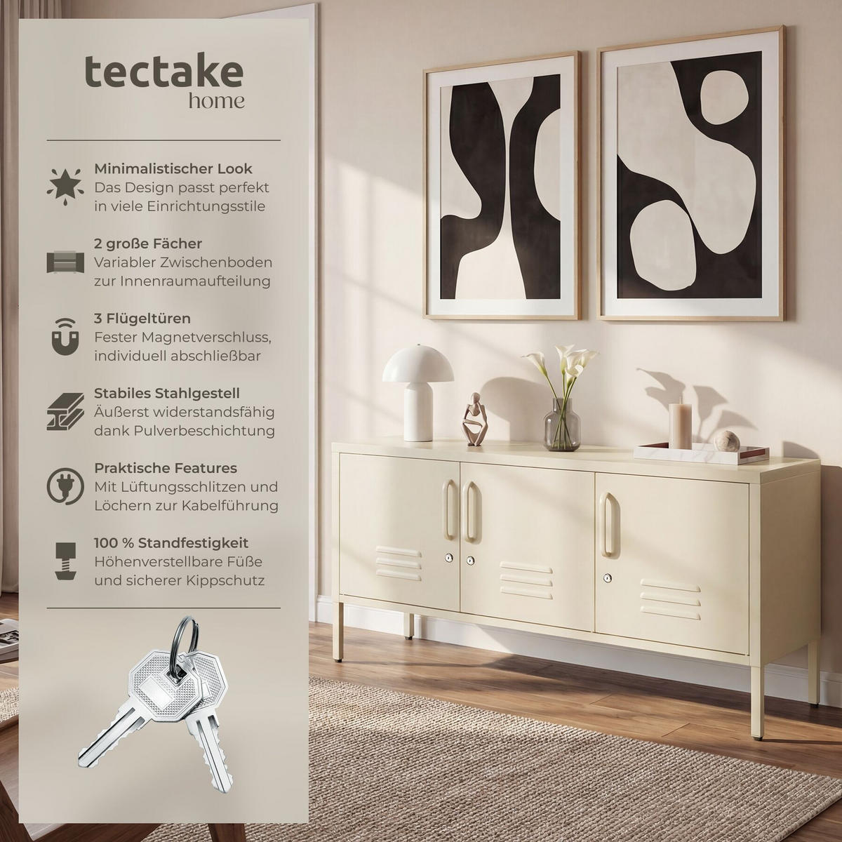 SIDEBOARD Baker, Kippschutz, höhenverstellbare Füße, creme - Creme, Metall (120/55.5/37.5cm) - tectake