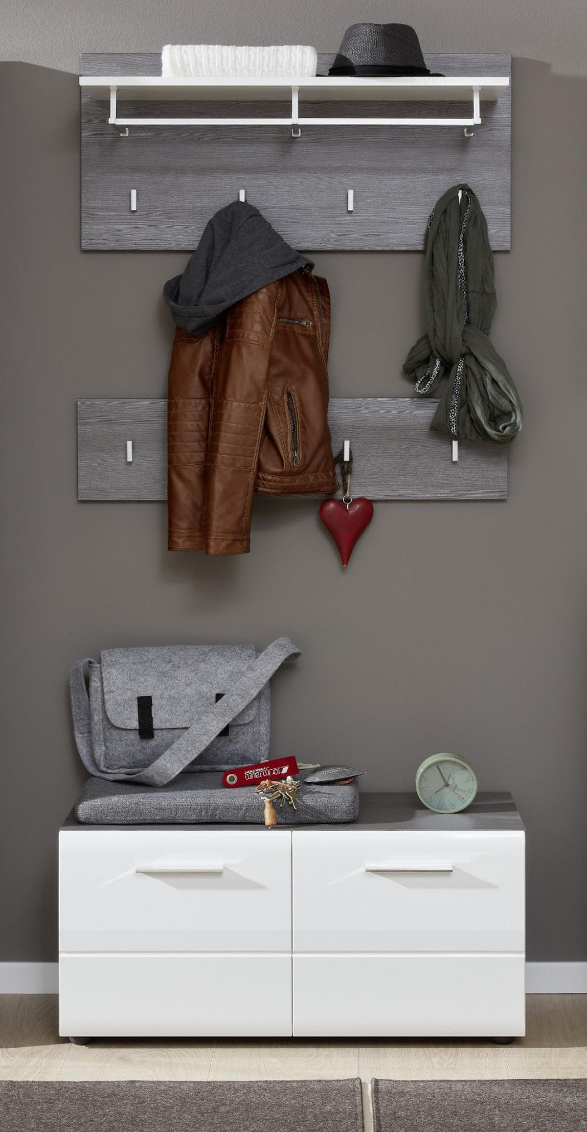 GARDEROBENLEISTE Hochglanz weiß, Sardegna grau, Wandgarderobe 80 x 21 cm - Weiß Hochglanz/Grau, Holzwerkstoff (80/21/2cm) - Top.Furn