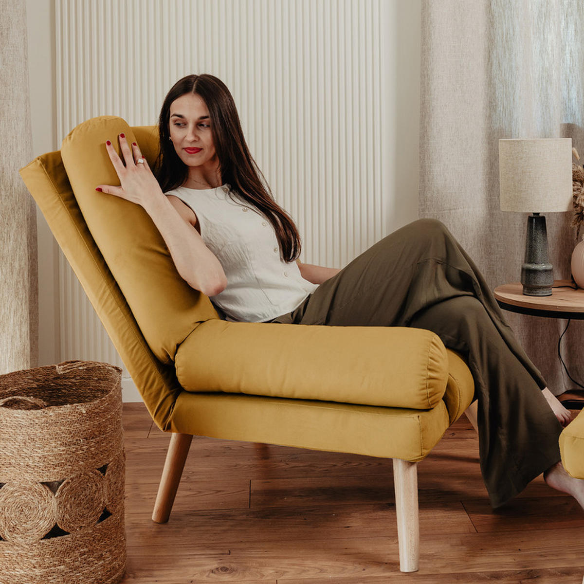 RELAXSESSEL LILA mit hocker, 75/75/100 cm, Senfgelb - Dunkelgelb, Holz/Textil (75/100/75cm) - Idohome
