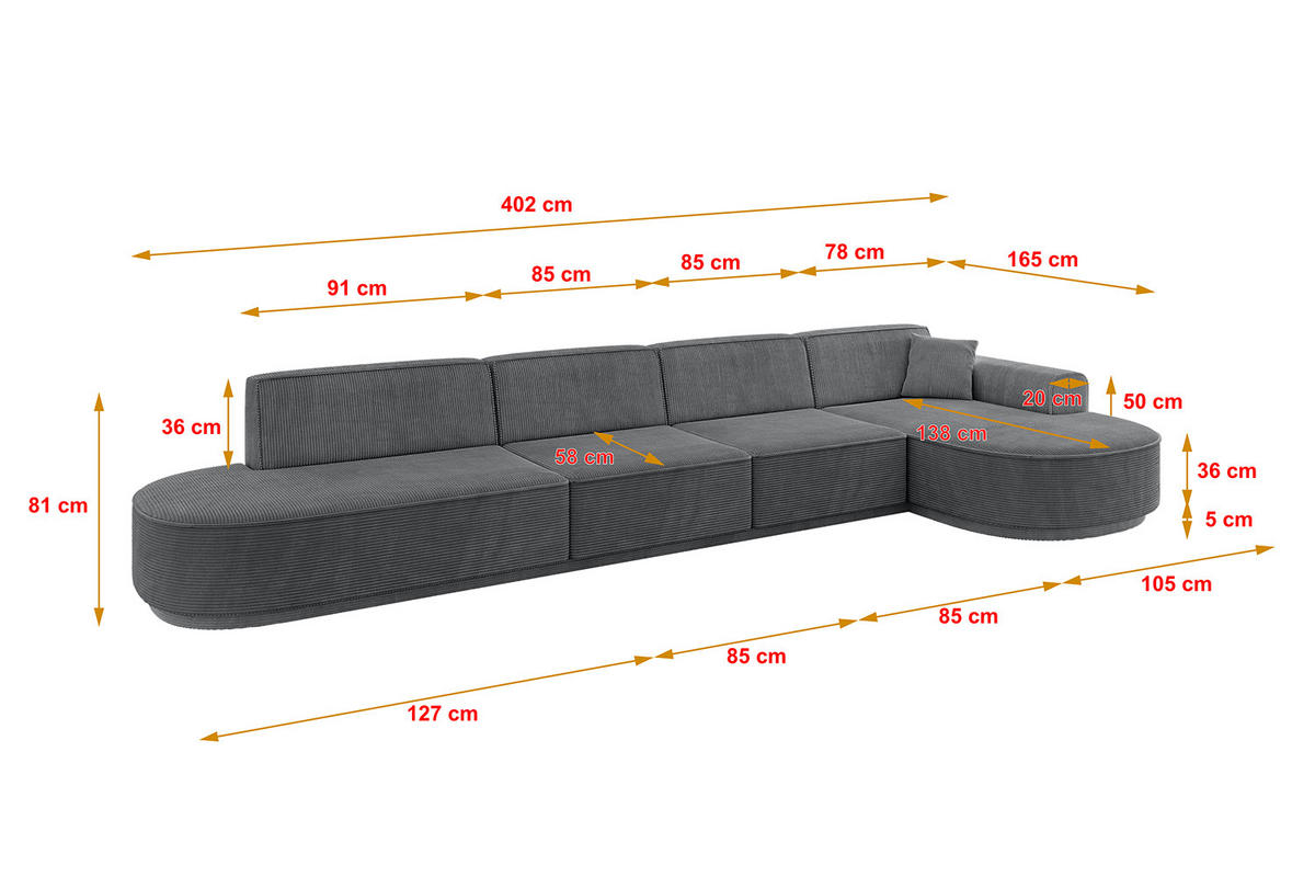 ECKSOFA Ottomane Rechts MARI-L3 - 402x163x81 cm Dunkelgrau Cord - Dunkelgrau/Schwarz, Holzwerkstoff/Kunststoff (402/163cm) - ALTDECOR