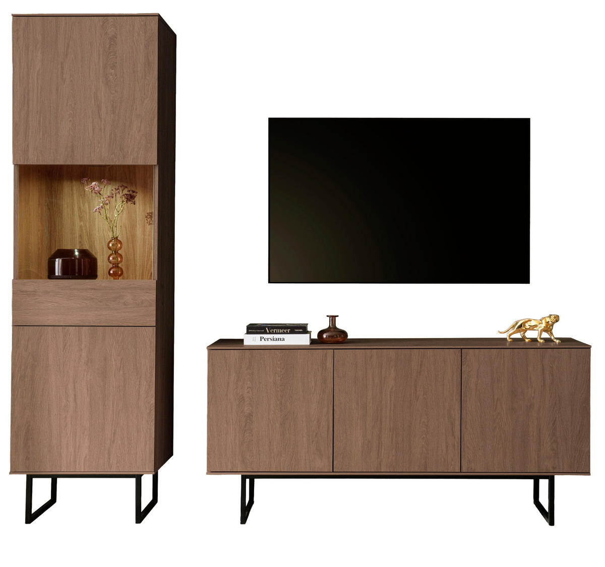WOHNWAND in Nussbaum 2-teilig 220 cm, Komplett-Set mit Push-to-Open - Nussbaumfarben/Schwarz, Glas/Holzwerkstoff (220/200/40cm) - Furn.Design