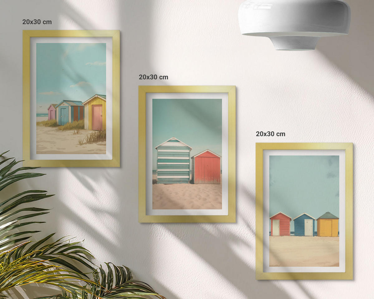 WANDBILDER 3er Set - 20x30 cm Goldrahmen - Bunte Häuser, Strand, Sonne - Goldfarben, Kunststoff (20/30cm) - ArtPrintCave