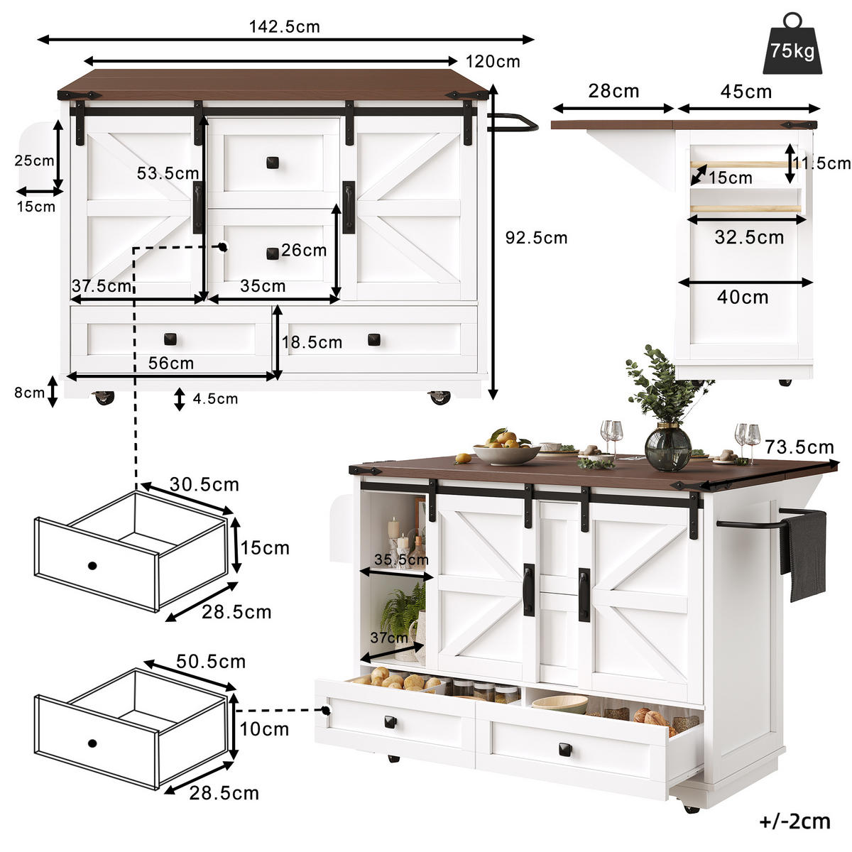 KÜCHENINSEL mit Rollen 142,5/73/92,5 cm Weiß mit 3 Schubladen, 2 Schiebetüren und Höhenverstellbare Böden, MDF - Weiß, Holz/Holzwerkstoff (142.5/92.5/73cm) - Oxeza