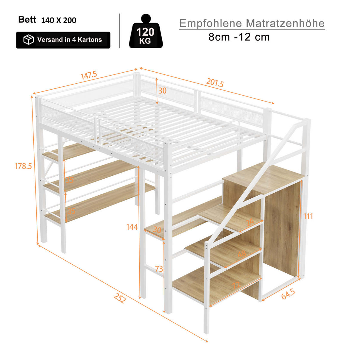 HOCHBETT 140/200 cm Weiß aus Metall mit Schreibtisch und Kleiderschrank - Weiß, Metall (140/200cm) - MIVRAY