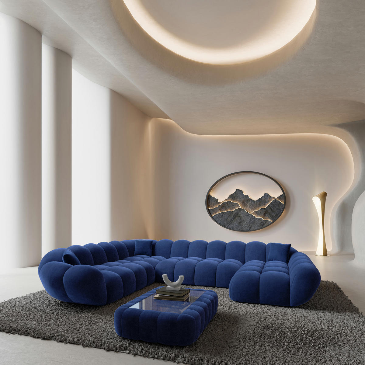 WOHNLANDSCHAFT Liva Königsblau Samtstoff U-Form XXL Rechts - Blau, Textil (258/70/323cm) - VAROYAL