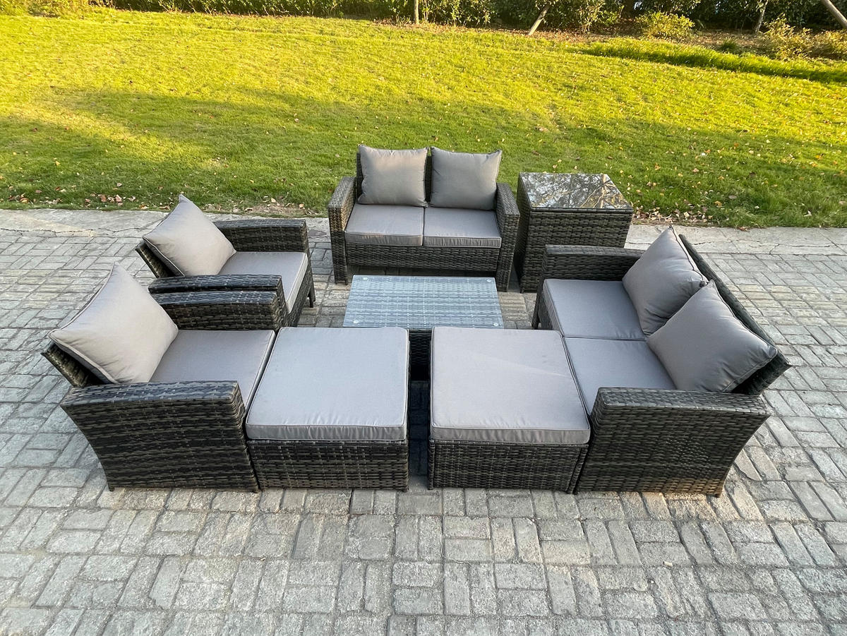 GARTENMÖBEL-SET mit Kissen Polyrattan Dunkelgrau 8-Sitzer - Dunkelgrau, Metall - Fimous