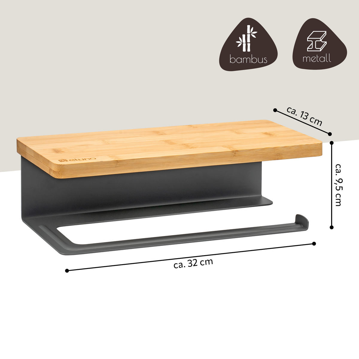 KÜCHENROLLENHALTER mit Bambusablage - Grau, Metall (32/9.5/13cm) - eluno