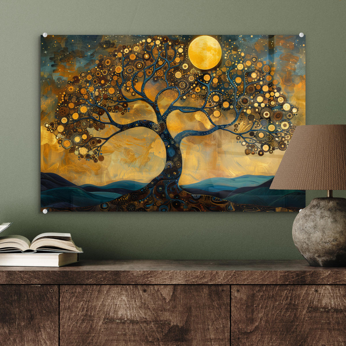 ACRYLGLASBILD Baum - Mond - Blumen - Gold - Kunst 60x40 cm - Orange, Glas (60/40cm) - MuchoWow