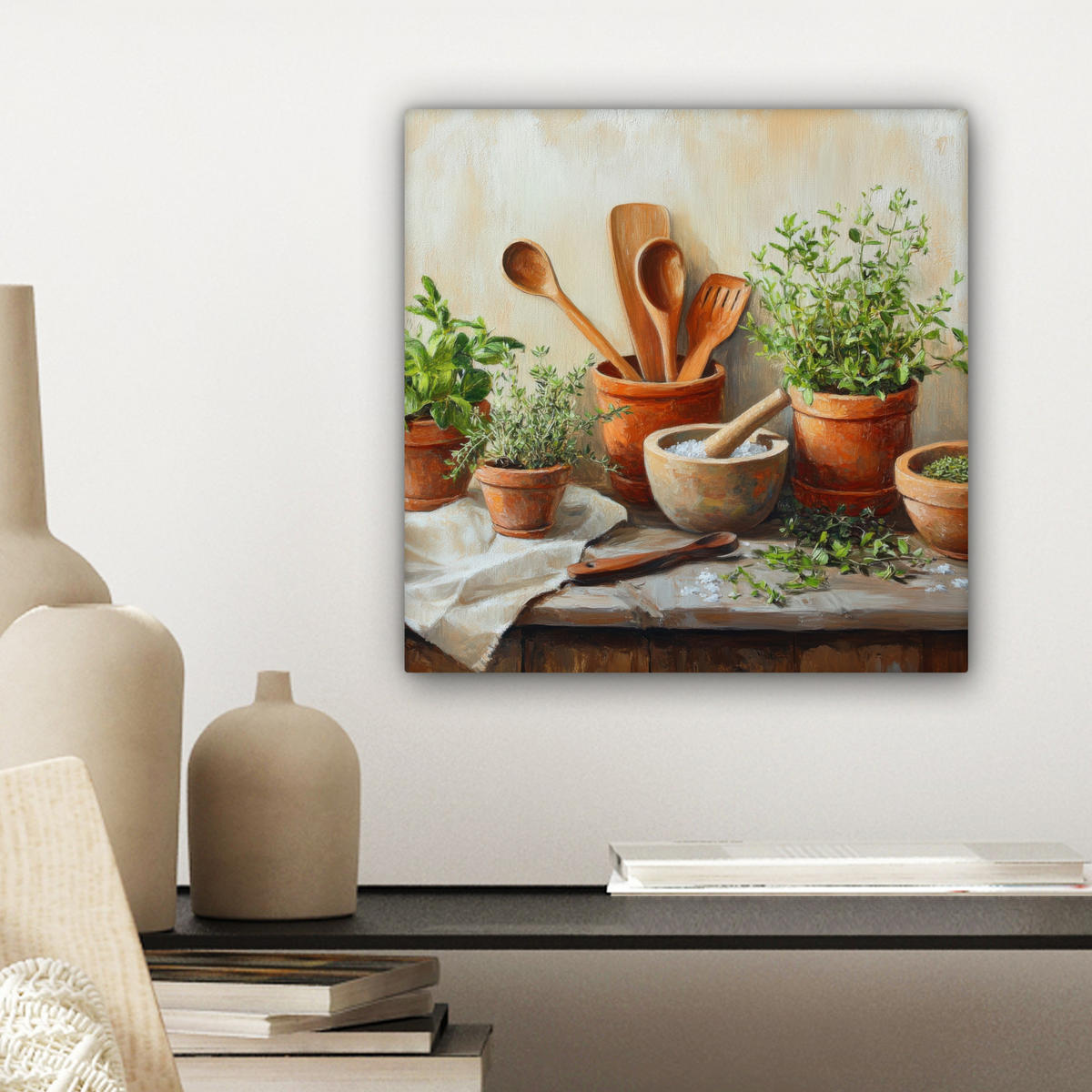 LEINWANDBILD Töpfe - Kräuter - Holz Deko Wohnzimmer 20x20 cm - Terracotta, Textil (20/20cm) - MuchoWow
