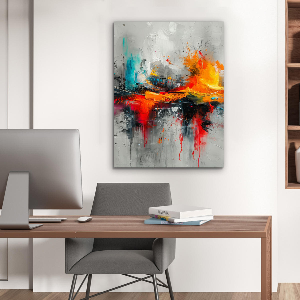 KOVOVÝ OBRAZ Moderné umenie - Oranžová - Sivá - Abstraktné 60x80 cm - svetlosivá, kov (60/80cm) - MuchoWow