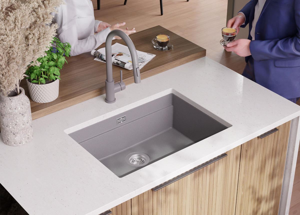 UNTERBAUSPÜLE GRANIT Praga, 2-er set Grau 66/47 cm 1 Becken + Küchenarmatur 38/14 cm + Ablauf-Set + Aufrollbare Abtropffläche ab 70er Unterschrank - Chromfarben/Grau, Kunststoff (66/20/47cm) - Primagran