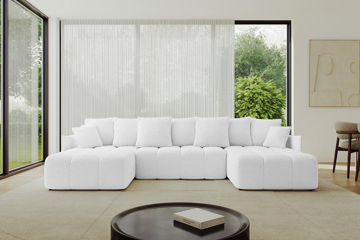 WOHNLANDSCHAFT LONLI-U 355x189x68 Weiß Bouclé - Weiß, Holzwerkstoff/Kunststoff (355/68/189cm) - ALTDECOR