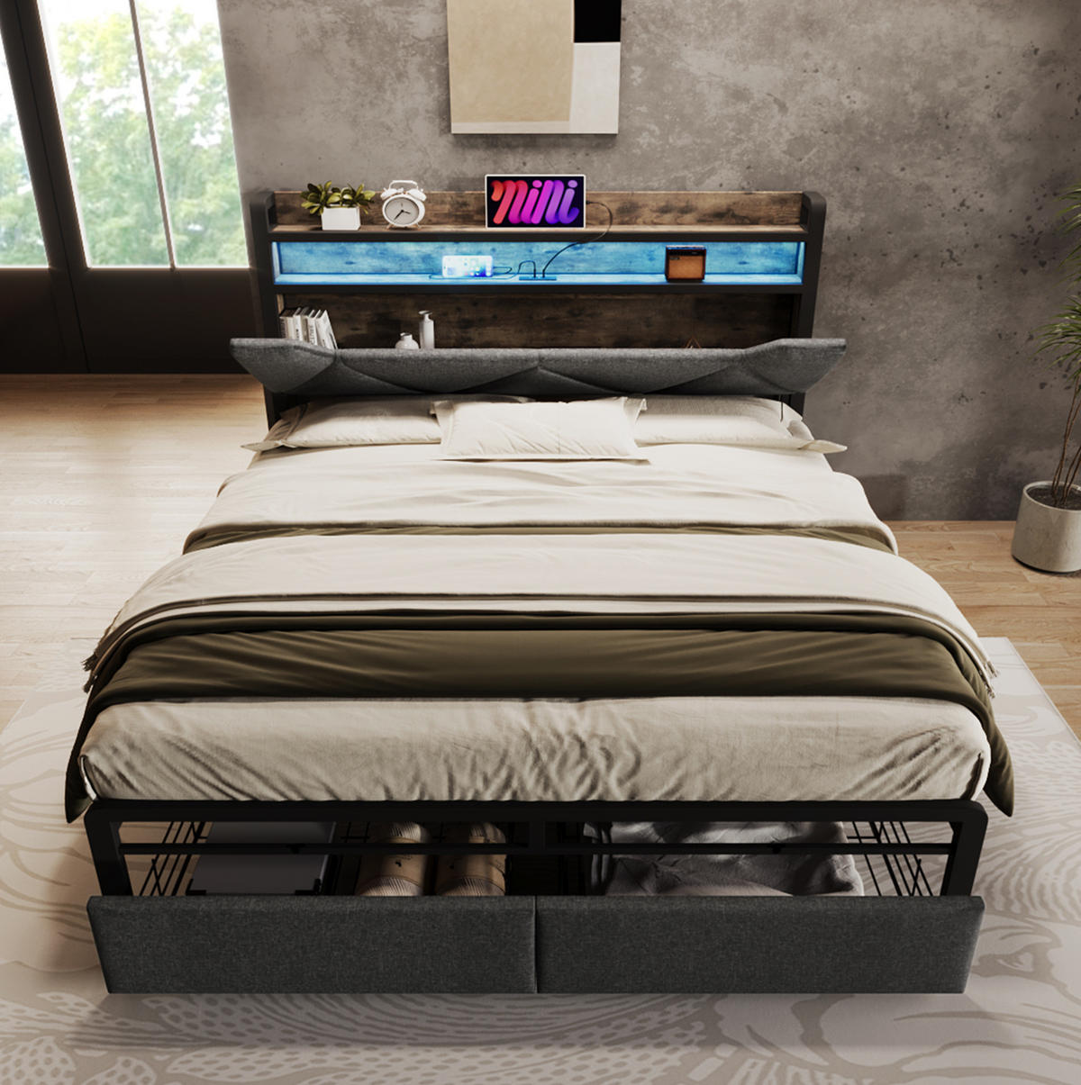BETT mit Stauraum, LED und USB 160x200 cm Leinen Grau - Grau, Metall (160/200cm) - Meubliv