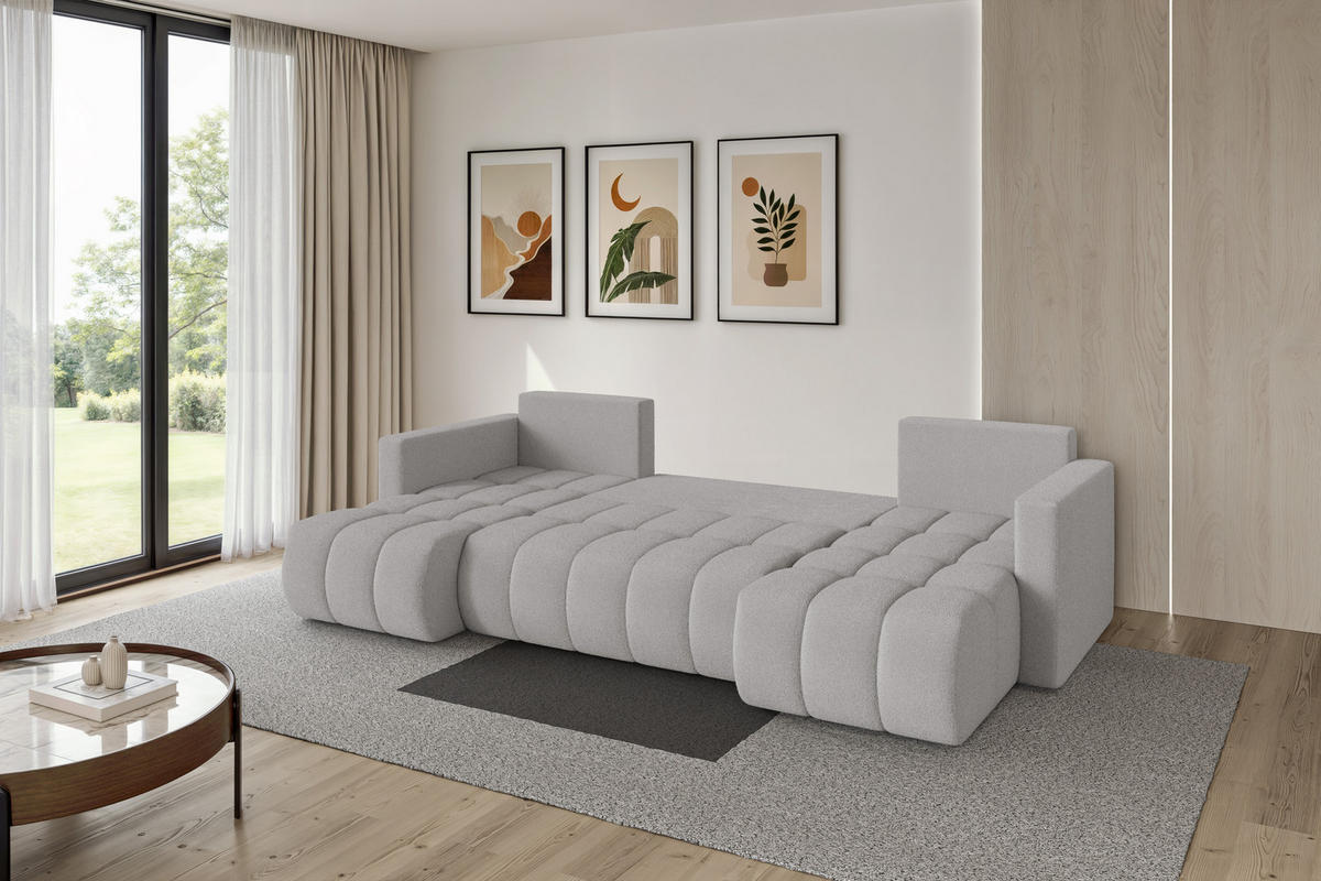 SEDACÍ SOUPRAVA DO U s funkcí spaní a úložným prostorem GARD-U 300x146x85 světle šedá bouclé - černá/stříbrná, kompozitní dřevo/textil (300/85/146cm) - ALTDECOR