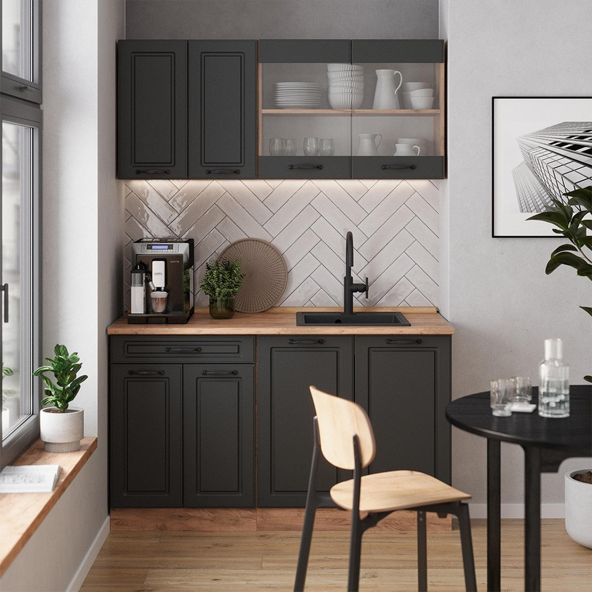 KÜCHENZEILE R-Line Anthrazit Landhaus/Goldkraft Eiche 140 cm , AP Eiche - Honigeiche/Anthrazit, Holzwerkstoff (140/81.6/60cm) - Vicco