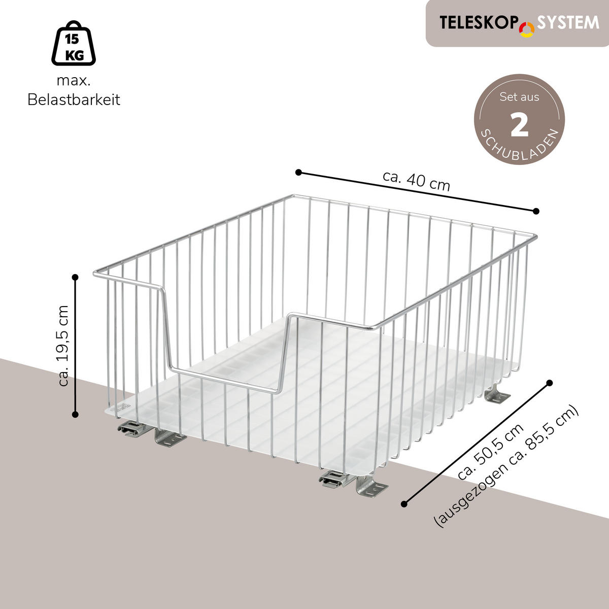 SCHRANK-KORBAUSZUG 40 cm, Silber, Metall - Silberfarben, Metall (40/23/50.5cm) - bremermann