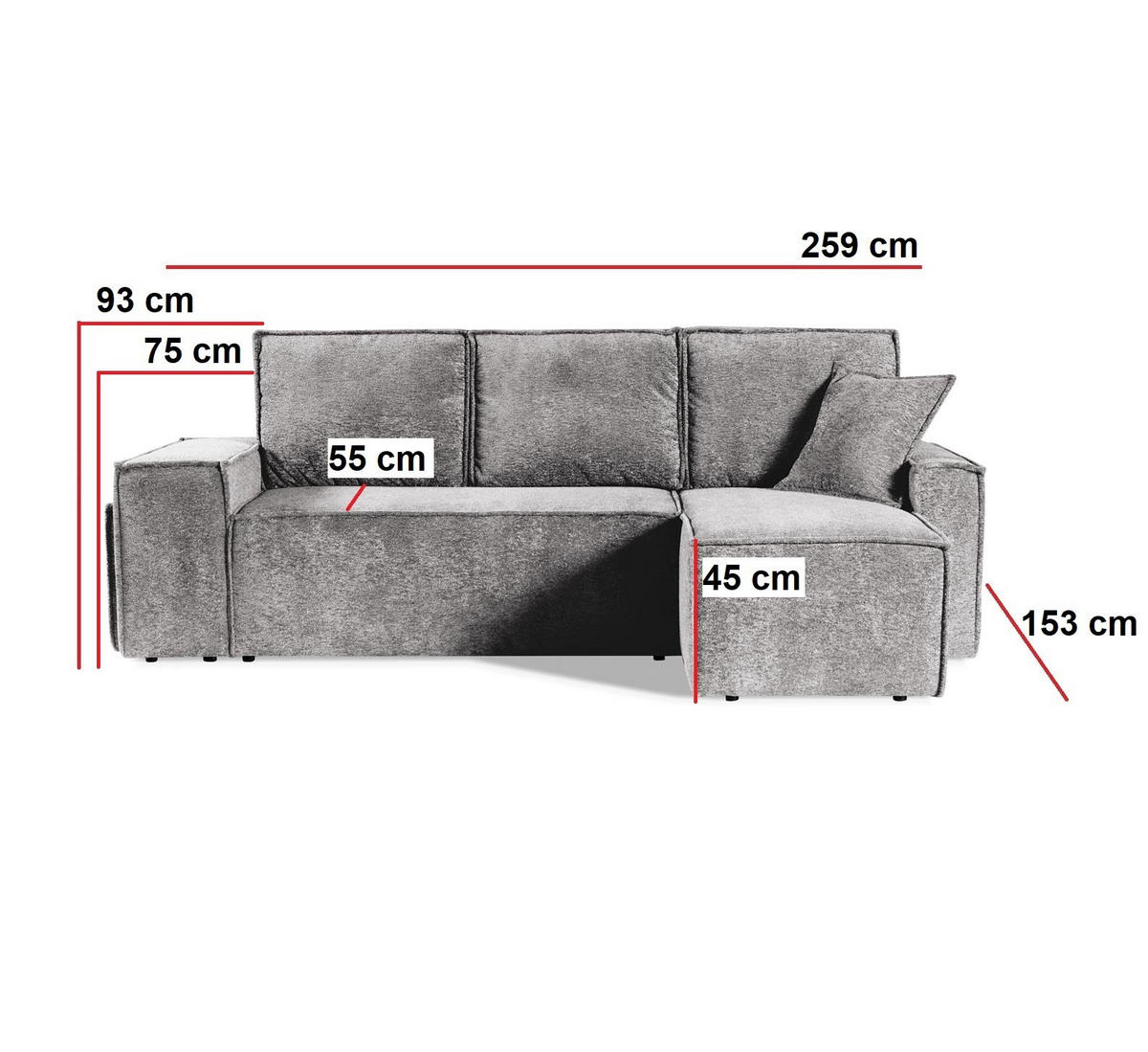 ECKSOFA mit Schlaffunktion COLINS - Bouclé-Stoff Dunkelgrau - Inkl. 2 Hocker - Dunkelgrau, Textil (259/153cm) - Bettso