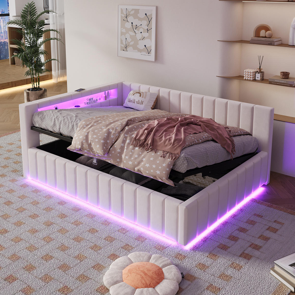 POLSTERBETT 140x200 Beige LED USB Stauraum Samt - Beige, Textil (140/200cm) - FLIEKS