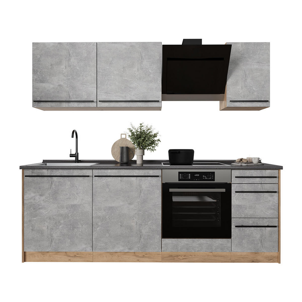 KÜCHENZEILE R-Line, Beton/Goldkraft Eiche, 220 cm Arbeitsplatte Goldkraft Eiche - Honigeiche/Grau, Holzwerkstoff (220/81.6/60cm) - Vicco