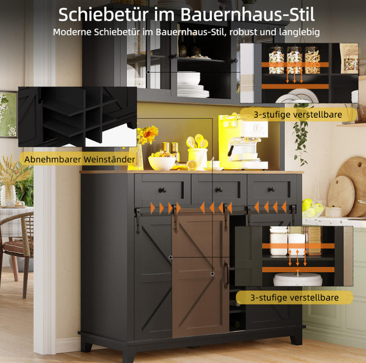 BUFFETSCHRANK Schwarz 105/38.4/180 cm - Schwarz, Holz (105/180/38.4cm) - PANGIVO