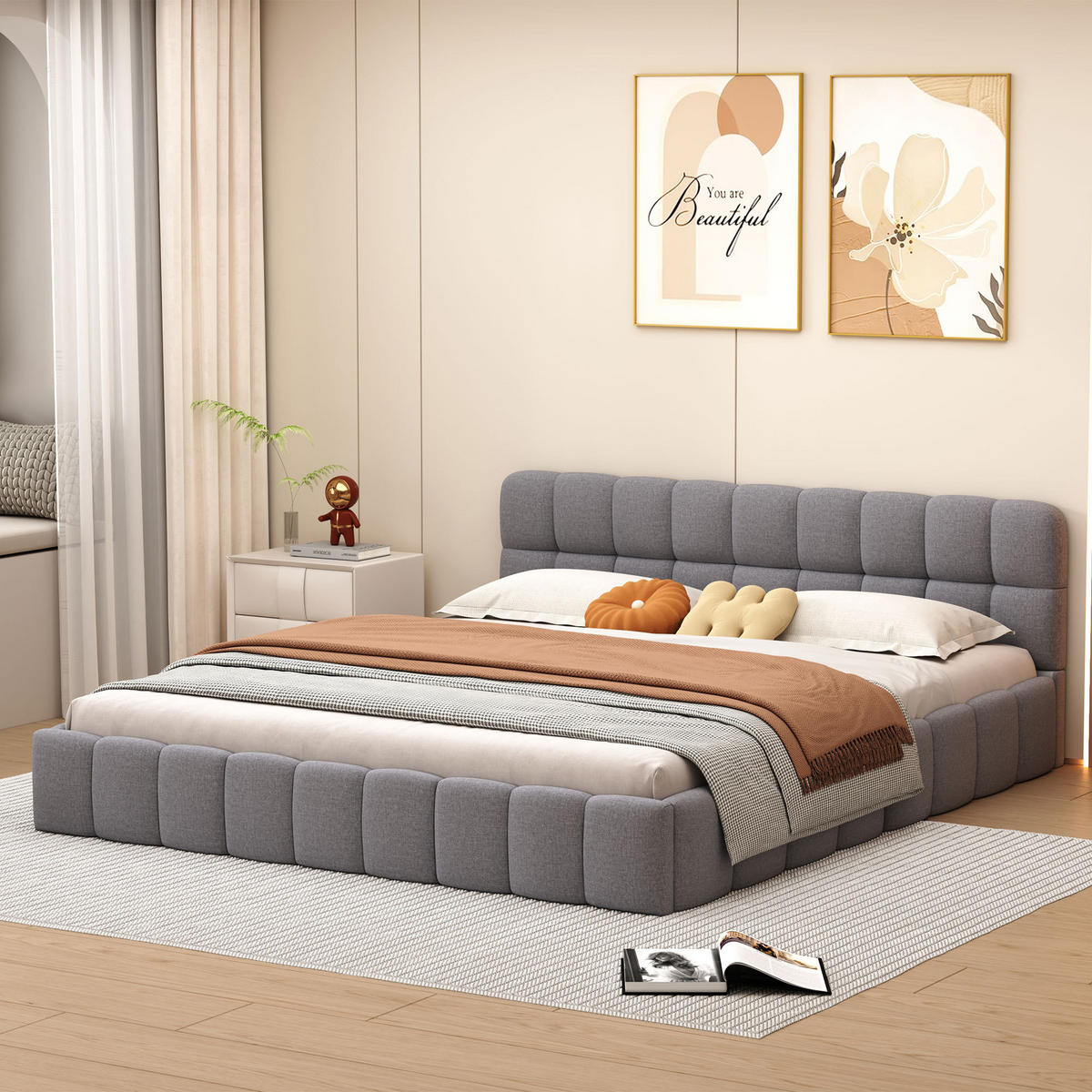 POLSTERBETT 160x200 cm, doppelbett, aus weichem Leinenstoff, grau, niedriges Bettgestell mit Matratzenvertiefung - Grau, Holz/Textil (160/200cm) - BRILVERDE