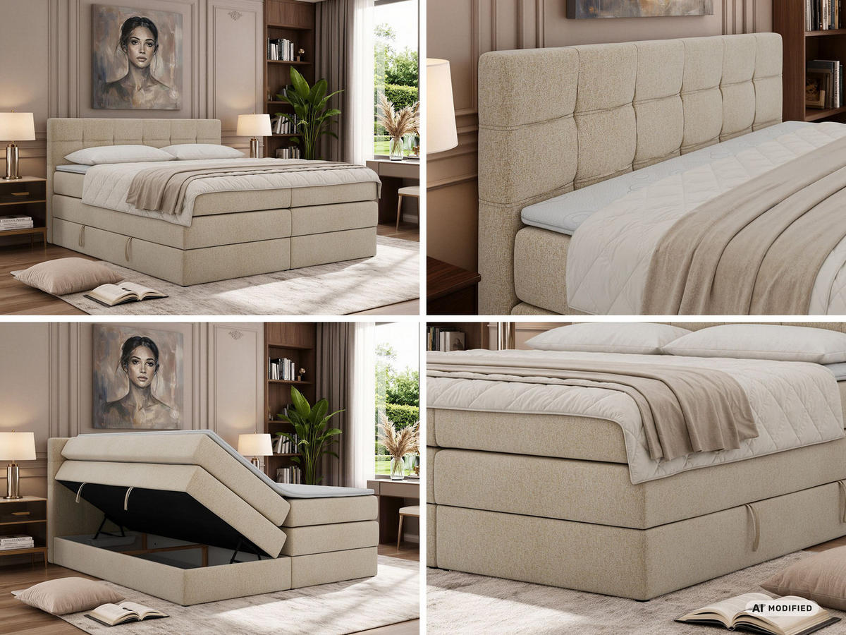 BOXSPRINGBETT SOLVEN KING 160/200 - Beige Stukture - Topper T25 - H3 - Beige/Schwarz, Kunststoff/Textil (160/200cm) - MKS