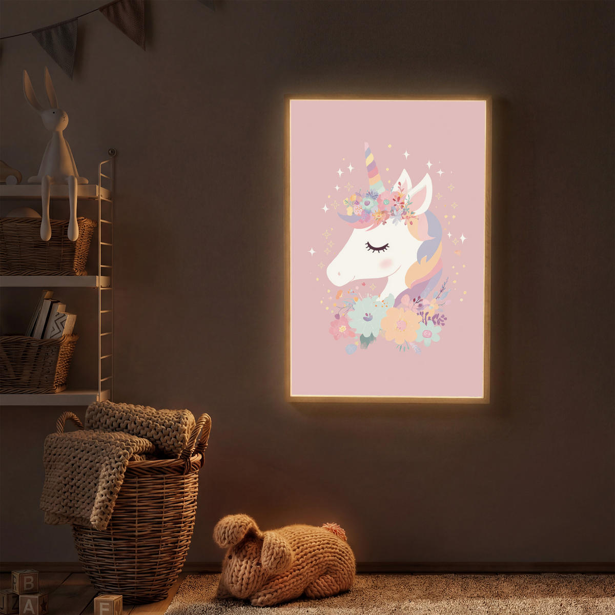 NÁSTĚNNÁ LAMPA S AKUMULÁTOREM Jednorožec - růžová - květiny 70x100 cm - růžová, kompozitní dřevo (70/100/8cm) - OnlyWow
