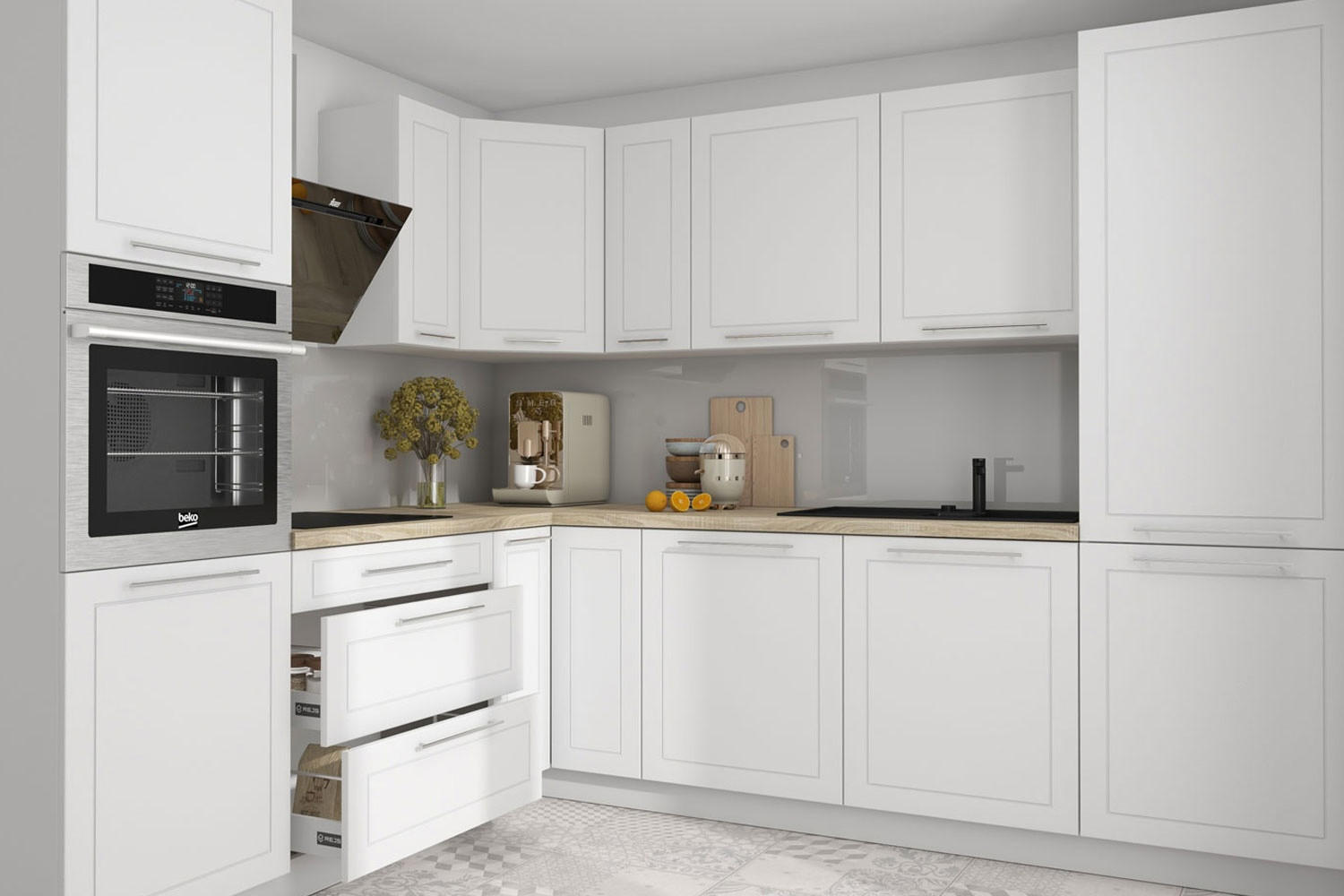 WINKELKÜCHE Kvantum weiß matt, Arbeitsplatte Eiche Sonoma 270 / 230 / 207cm 11-teilig - Weiß/Braun, Holzwerkstoff/Metall (270/207/230cm) - Feldmann-Wohnen