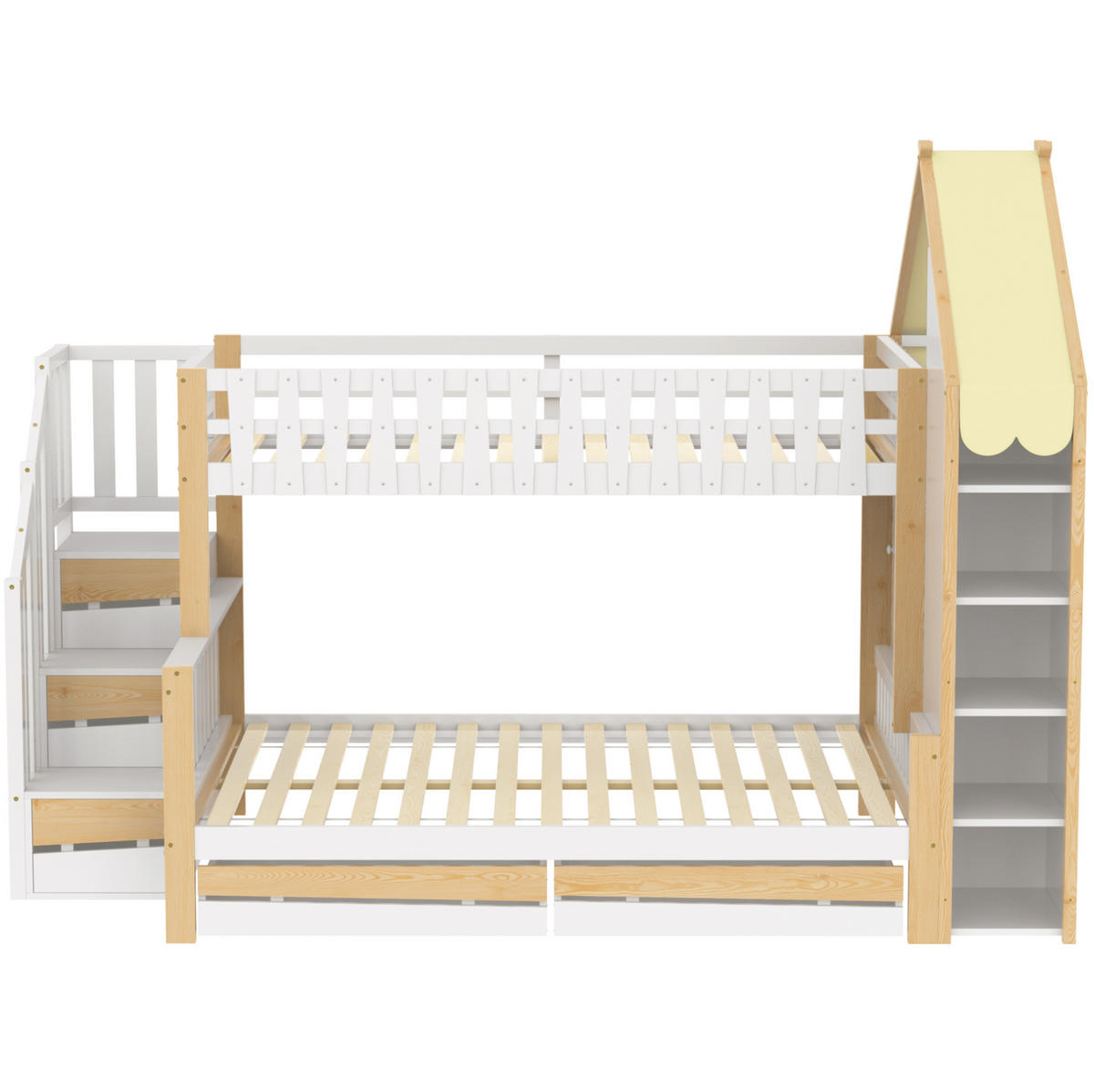 HAUSBETT 90/200 + 140/200 cm in Weiß/Natur mit Stauraumleiter und Schubladen - Weiß, Holz (90/200cm) - BEAOK