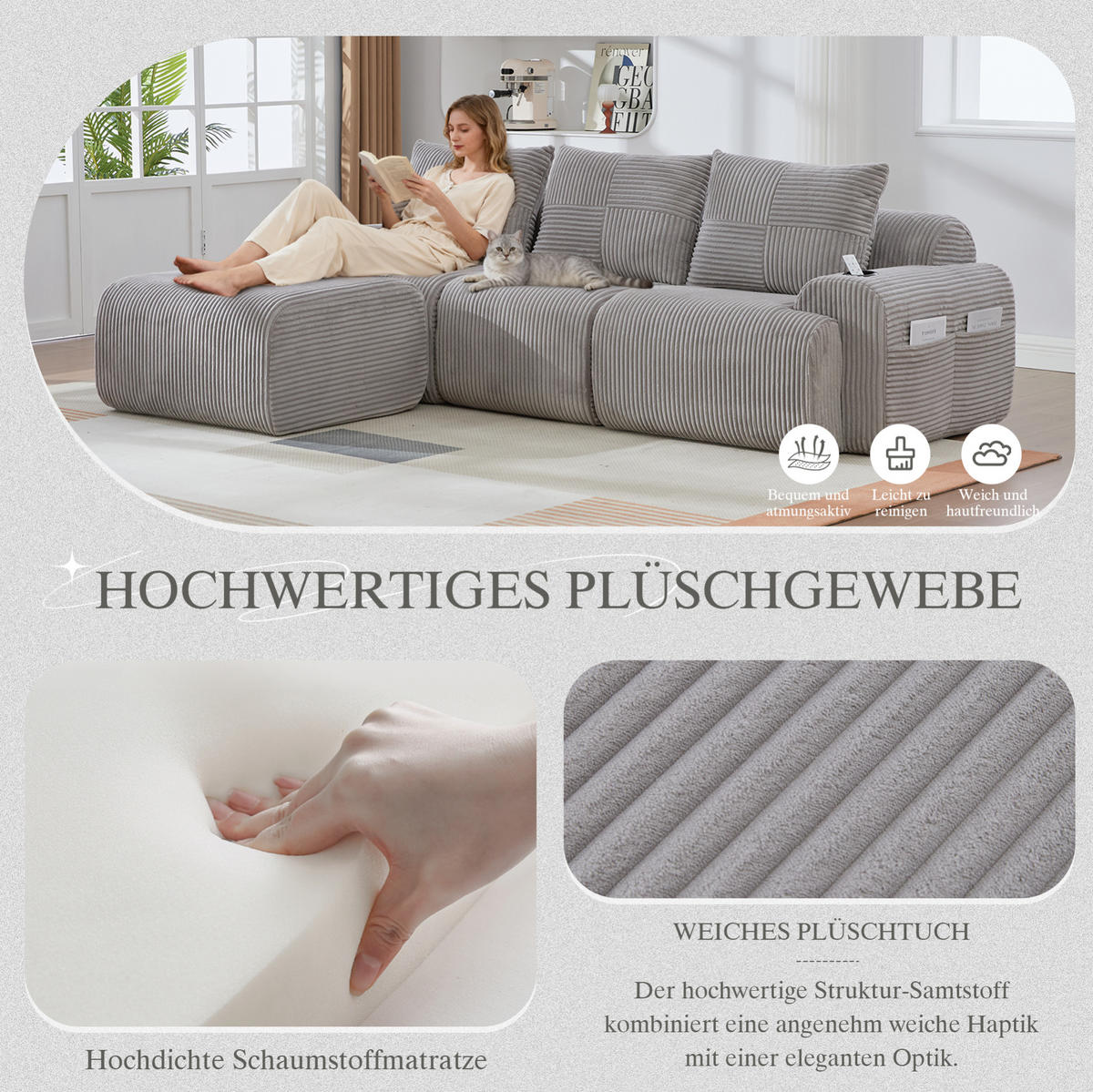 ECKSOFA 268/174/80 cm hellgrau aus Cord mit Cupholder und Seitentasche - Hellgrau, Textil (174/268cm) - OKWISH