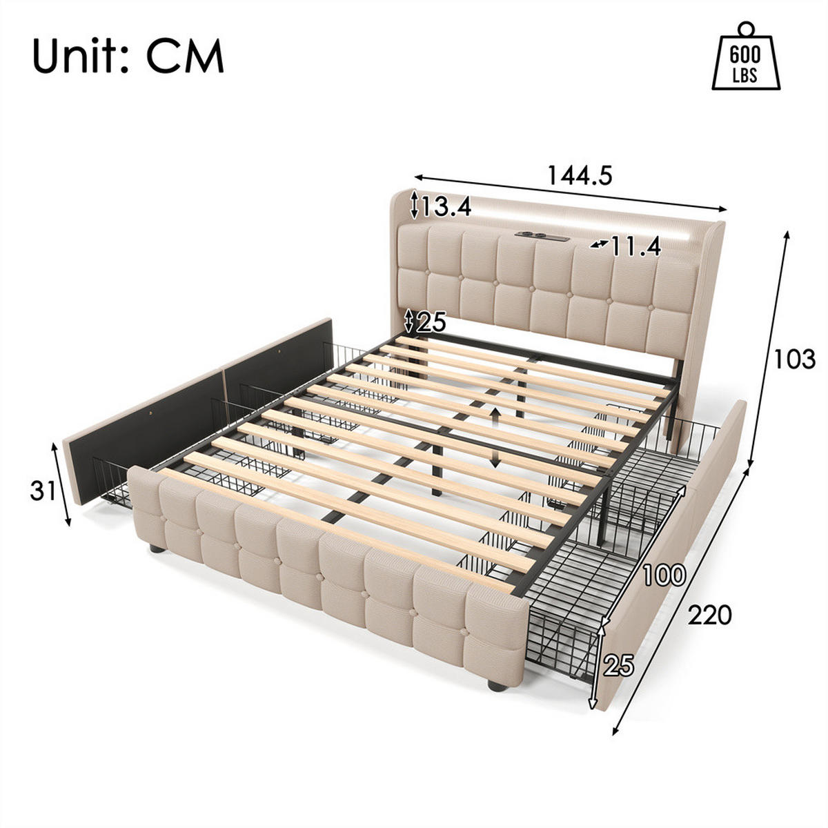POLSTERBETT 140/200 cm in Beige mit Matratze - Beige, Holz/Textil (140/200cm) - KOMHTOM