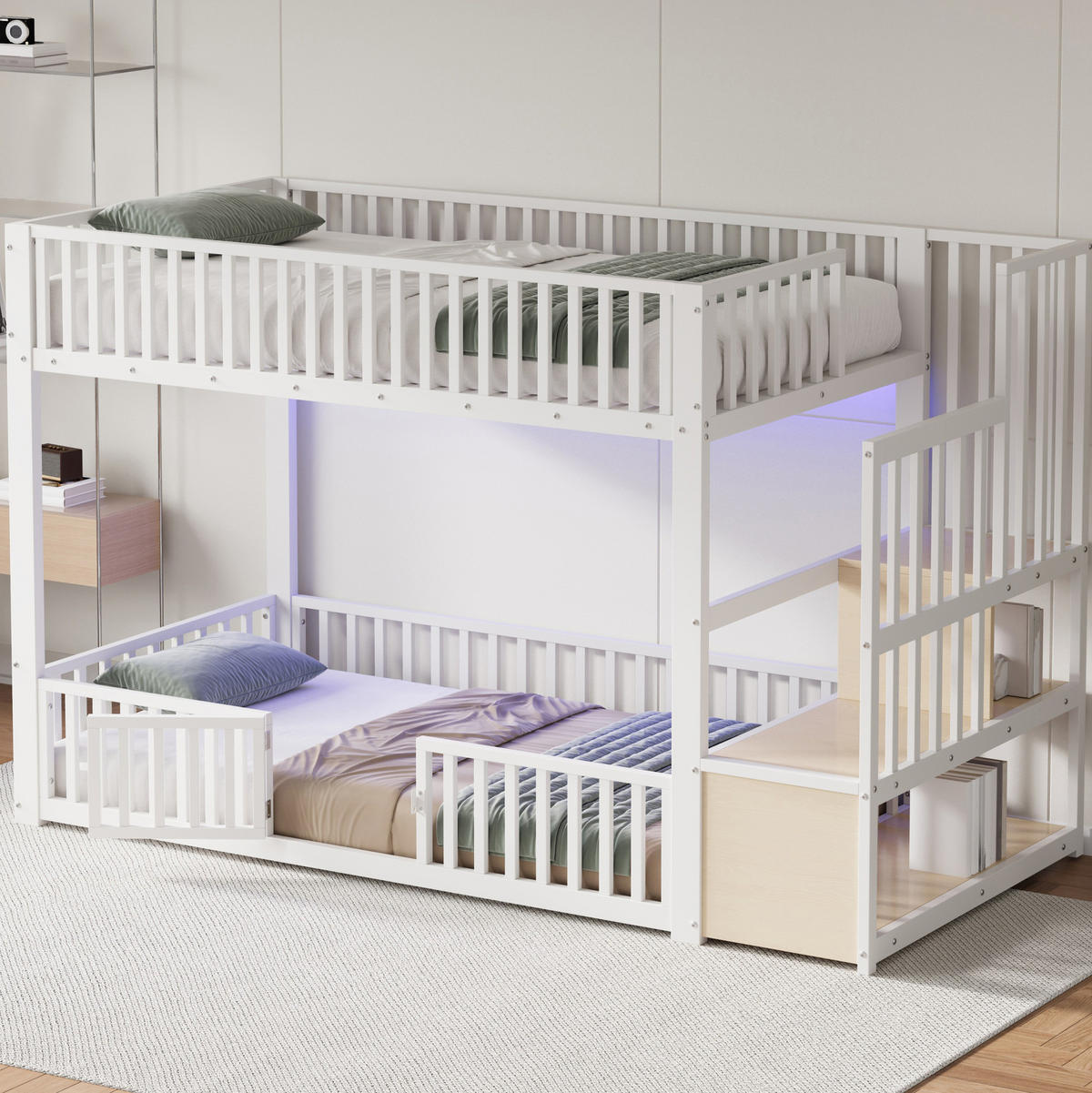 ETAGENBETT aus MDF und Metall 90x200 cm Weiß mit LED-Beleuchtung, Stauraumleiter und Schutzgittern - Weiß, Holzwerkstoff (90/200cm) - Modfu