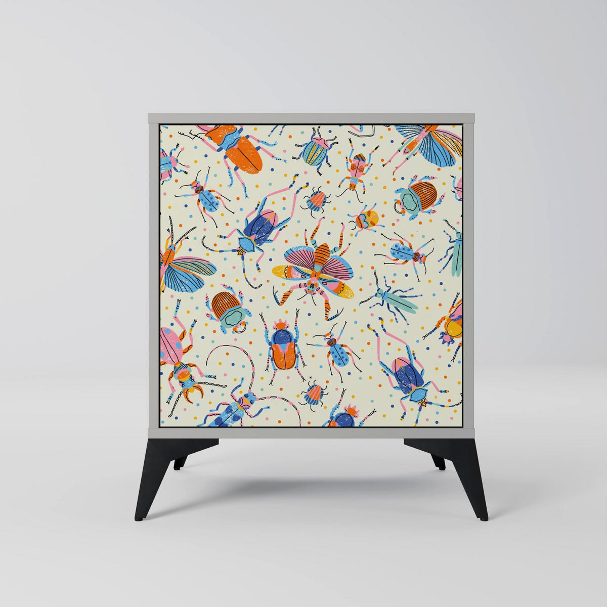 SIDEBOARD COLORFUL INSECTS, Grau, 57,5x42x67,5 cm, Schwarze Metall-Rahmenfüße - Multicolor/Schwarz, Holzwerkstoff/Metall (57.5/67.5/42cm) - SpaceRebels