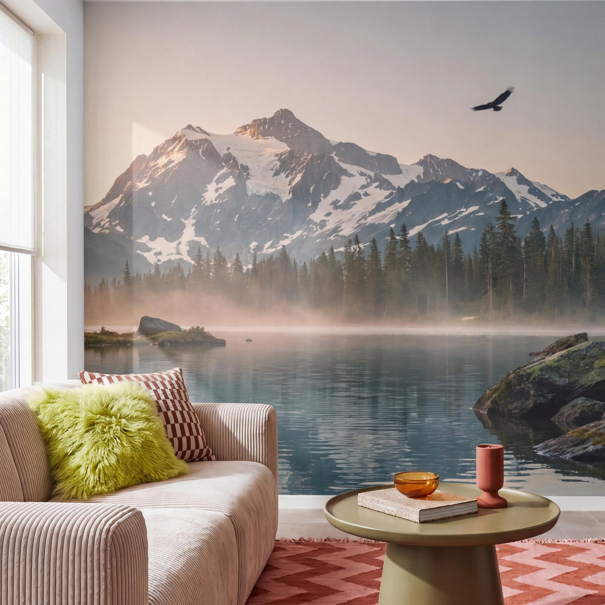 TAPETE - Berge - Wasser - Bäume - 300x280 cm - Multicolor, Papier (300/280cm) - OnlyWow