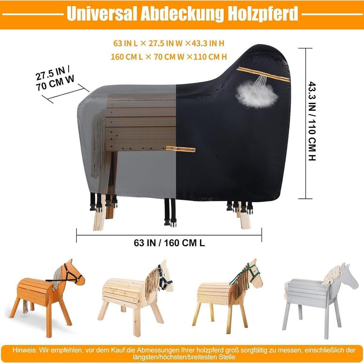 ABDECKUNG Holzpferd 160 x 110 x 70 cm Wasserdicht UV-Beständig - Schwarz, Textil (70/110/160cm)