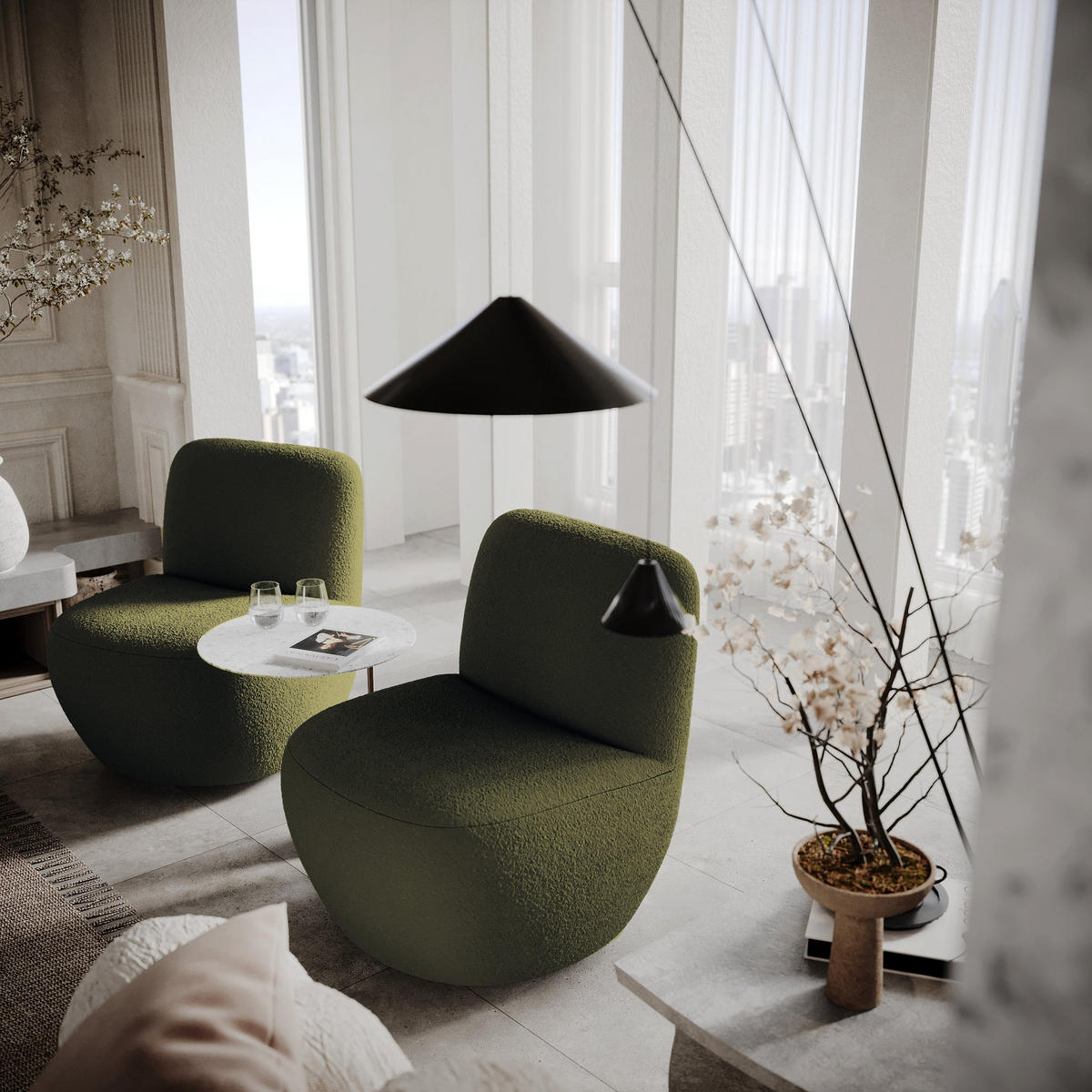 DREHSESSEL Stoff Bouclé khaki - Olivgrün/Grün, Textil (64/77/68cm) - Sia Home