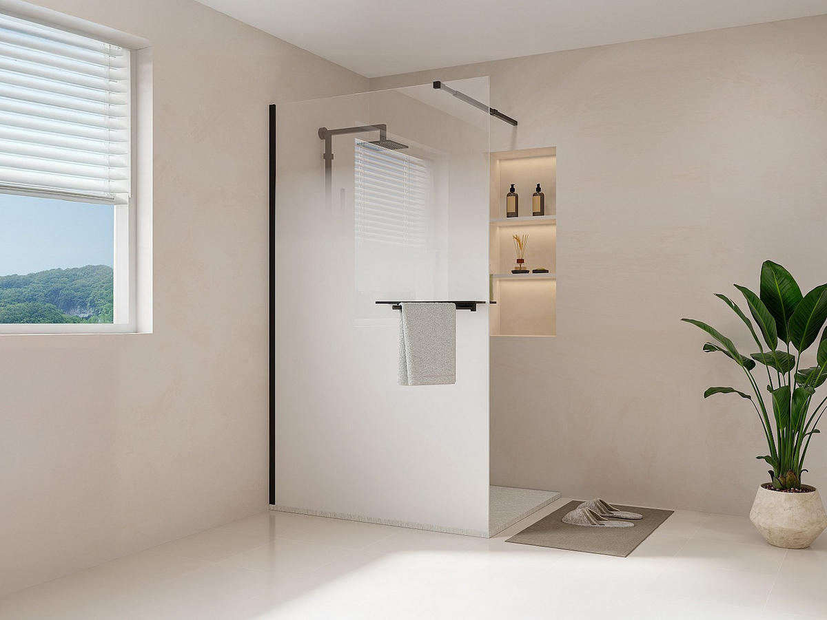 DUSCHWAND für begehbare Duschen Nebel mit Handtuchhalter & Ablagen - 120 x 200 cm - Schwarz matt - POMARO - Schwarz, Metall (120/200cm) - Vente-Unique