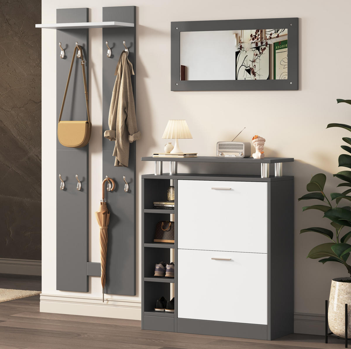 GARDEROBENSET mit Spiegel 80 x 25 x 96,5 cm Grau 4-tlg. - Grau, Holz (25/96.5/80cm) - Beauniv