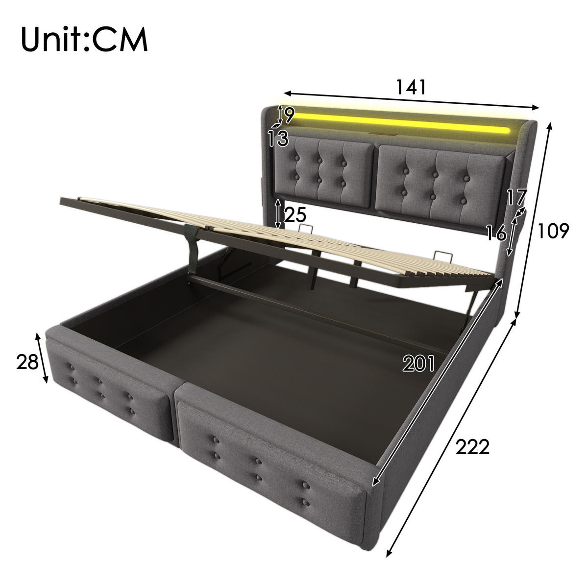 POLSTERBETT mit LED, USB-C und Stauraum 140x200 cm Baumwoll-Leinen Grau - Grau, Metall (140/200cm) - Meubliv
