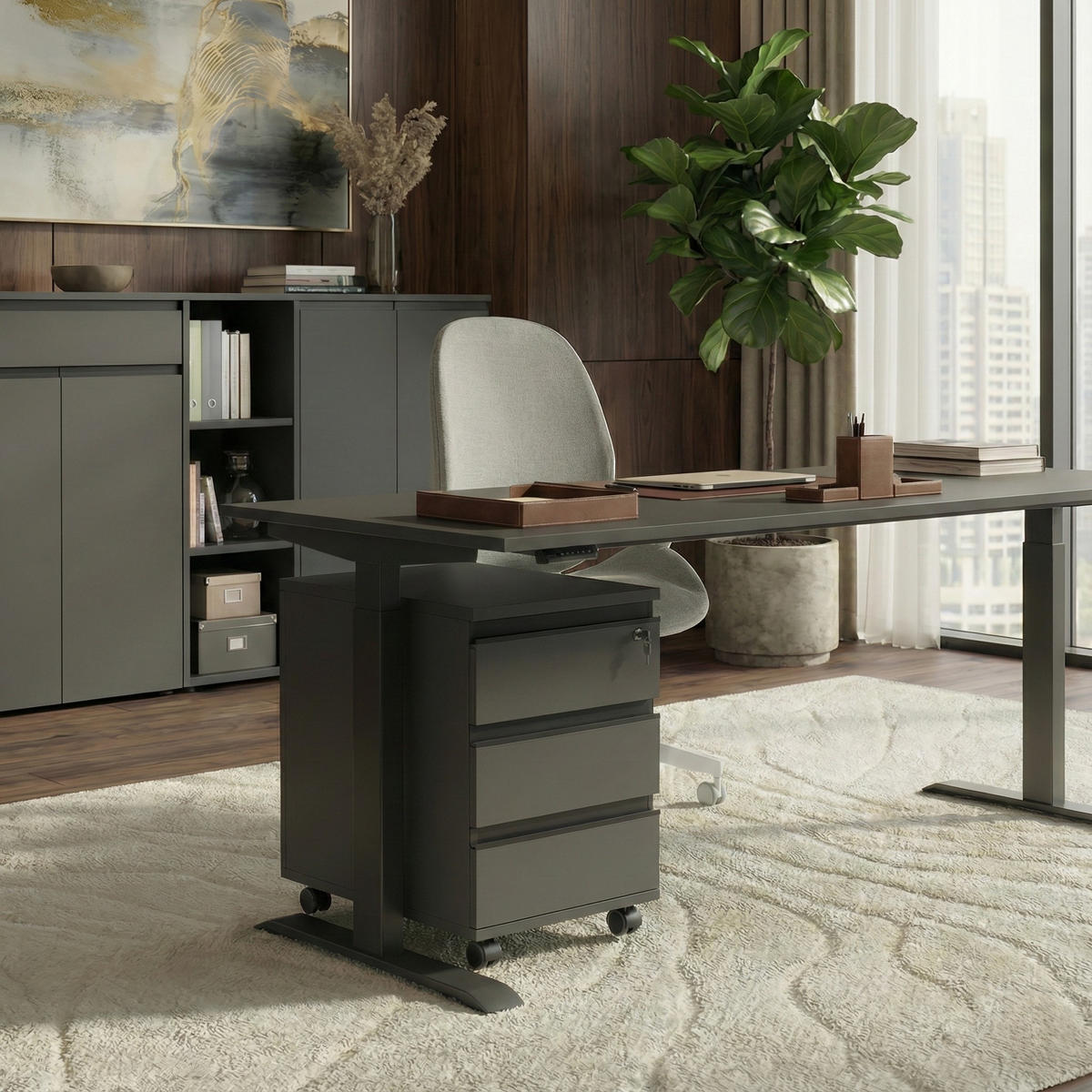 SCHREIBTISCH höheneinstellbar "Stuttgart" 68-91cm Graphit 160x80cm, C-Fuß - Schwarz, Holzwerkstoff/Metall (80/160/91cm) - KADIMA DESIGN