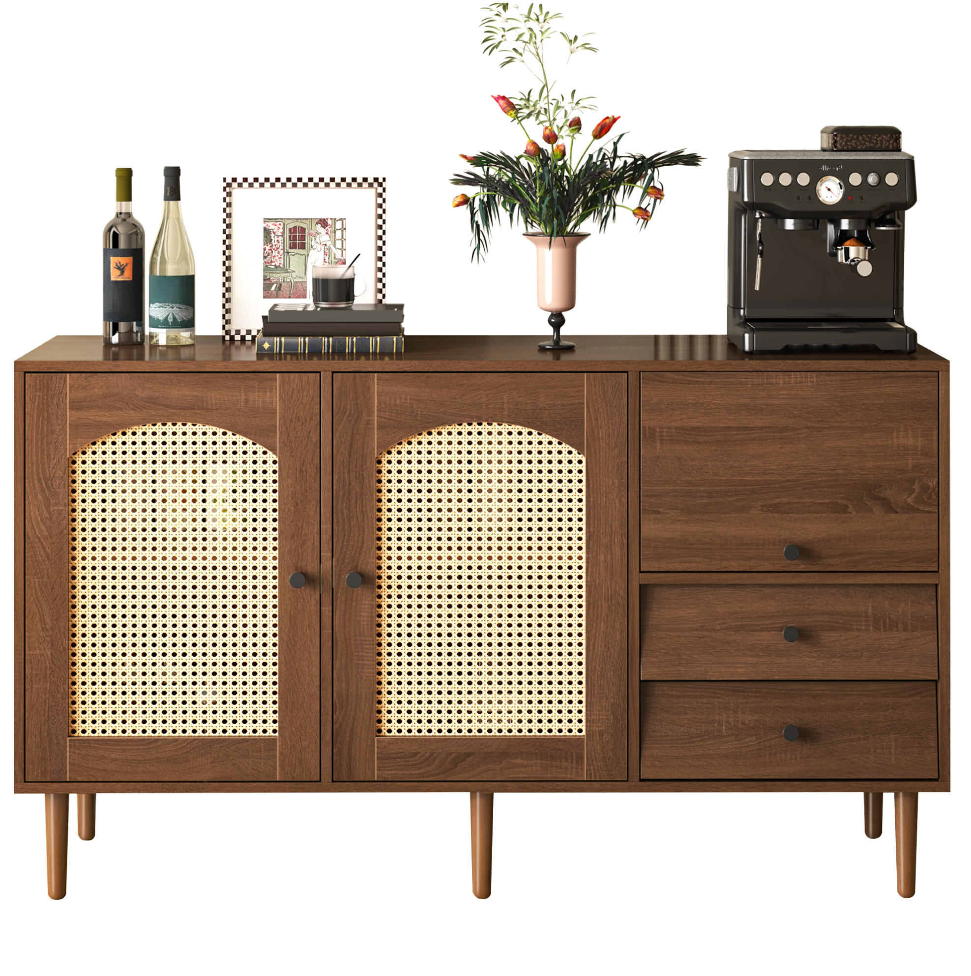 SIDEBOARD 130/40/75,5 cm in Holzfarbe mit Rattantüren und verstellbaren Böden - Eichefarben, Holzwerkstoff (130/75.5/40cm) - Flora Grace