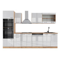 KÜCHENZEILE R-Line Weiß Hochglanz/Goldkraft Eiche 300 cm mit Hochschrank ohne AP - Weiß Hochglanz/Eiche Wotan, Holzwerkstoff (300/81.6/46cm) - Vicco