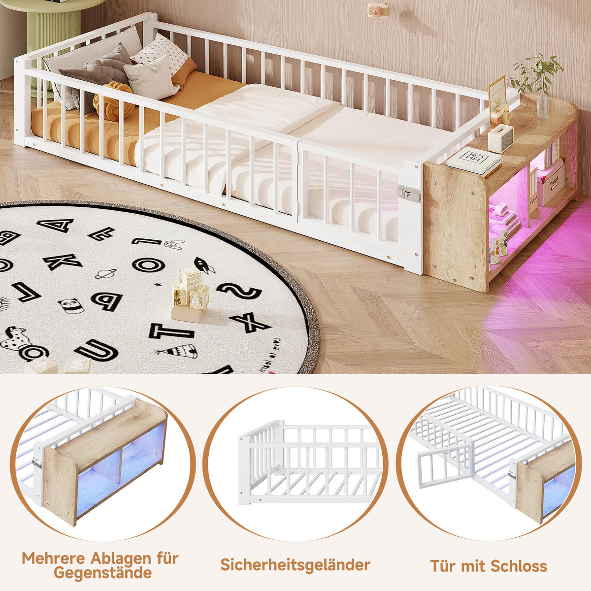 METALLBETT 90x200 cm LED Schubladen weiß - Weiß, Holzwerkstoff (90/200cm) - LEBENLANG
