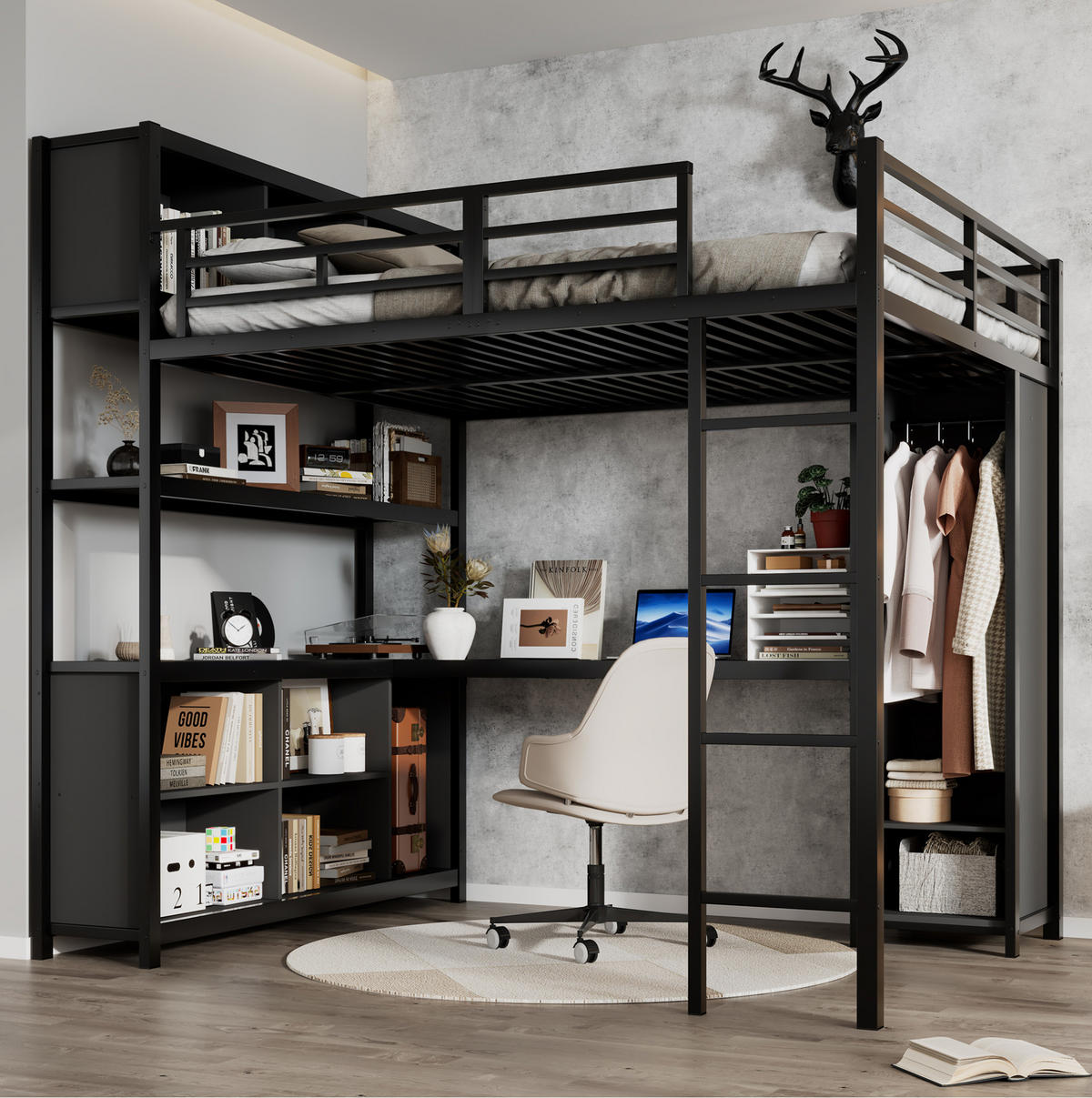 HOCHBETT mit Schreibtisch 140/200 cm in Schwarz – mit Kleiderschrank und Stauraum - Schwarz, Metall (90/200cm) - BEAOK